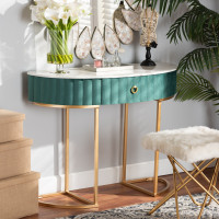 Baxton Studio JY20A157-Green/Gold-Console Beale Luxe and Glam Green Velvet Upholstered and Brushed Gold Finished 1-Drawer Console Table with Faux Marble Tabletop